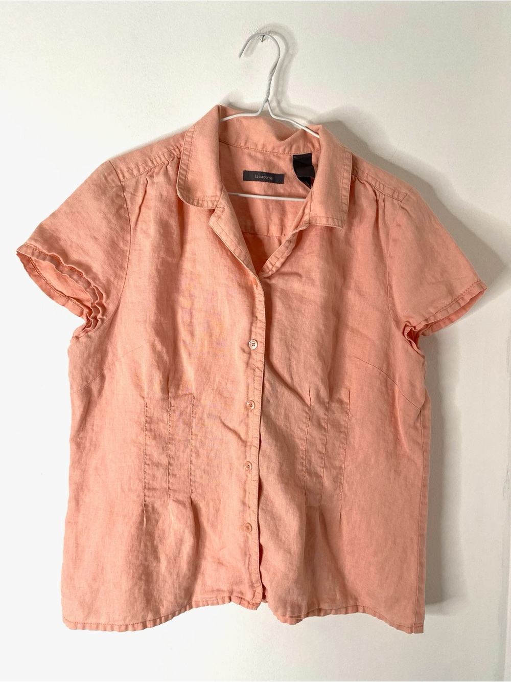 Liz Claiborne Peach 100% Linen Button Front Shirt Eyelet Detail Collared Top